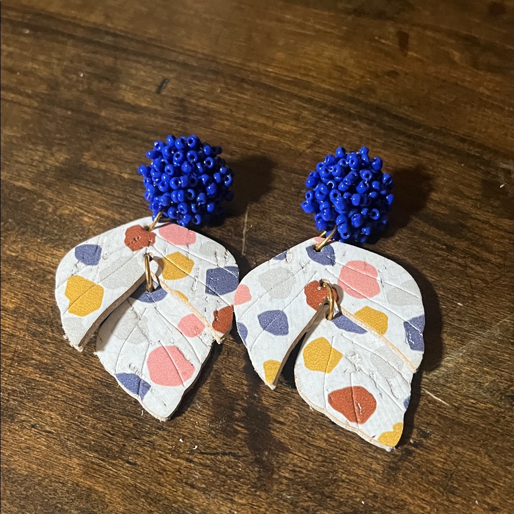 Colorful Leaf Handmade Hand Cut Leather Earrings With Blue Beads